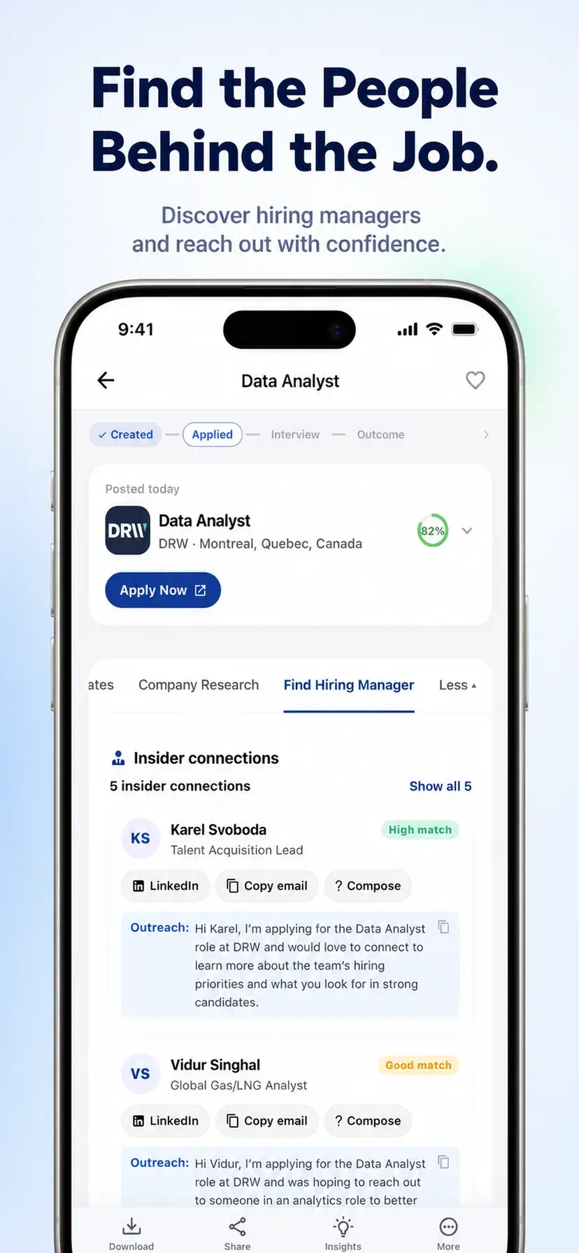 Hiring-manager leads and a drafted outreach message for a matched job
