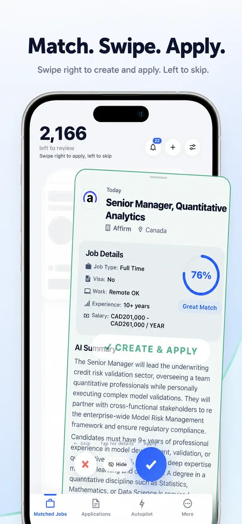 Resumly matched-jobs deck with a resume match score