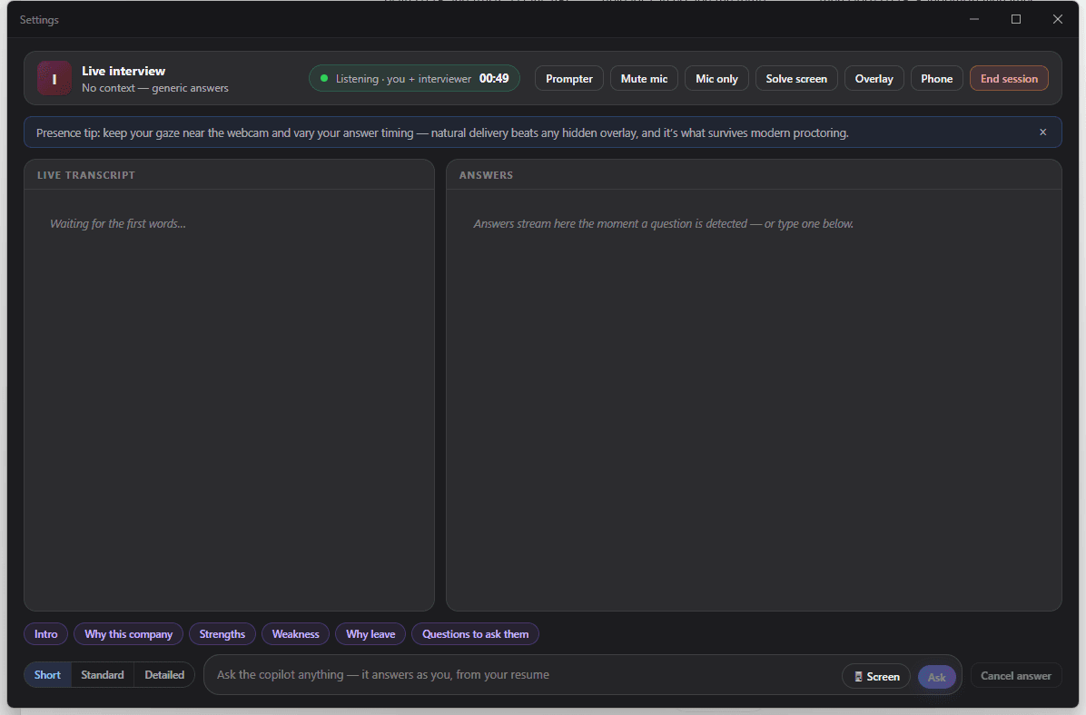 Resumly Copilot listening workspace with transcript and answer panes